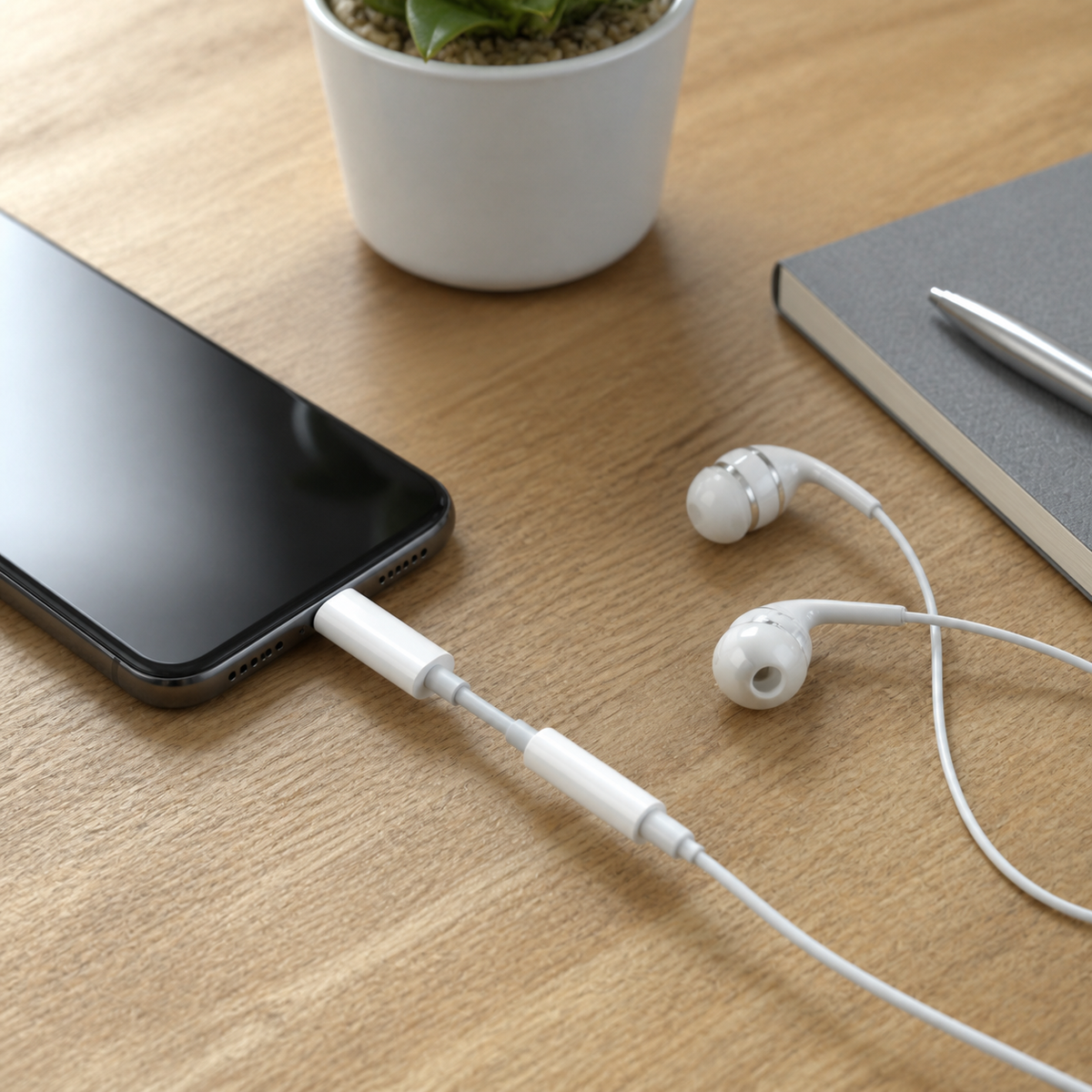 Adaptador de audio conectado a teléfono y audífonos