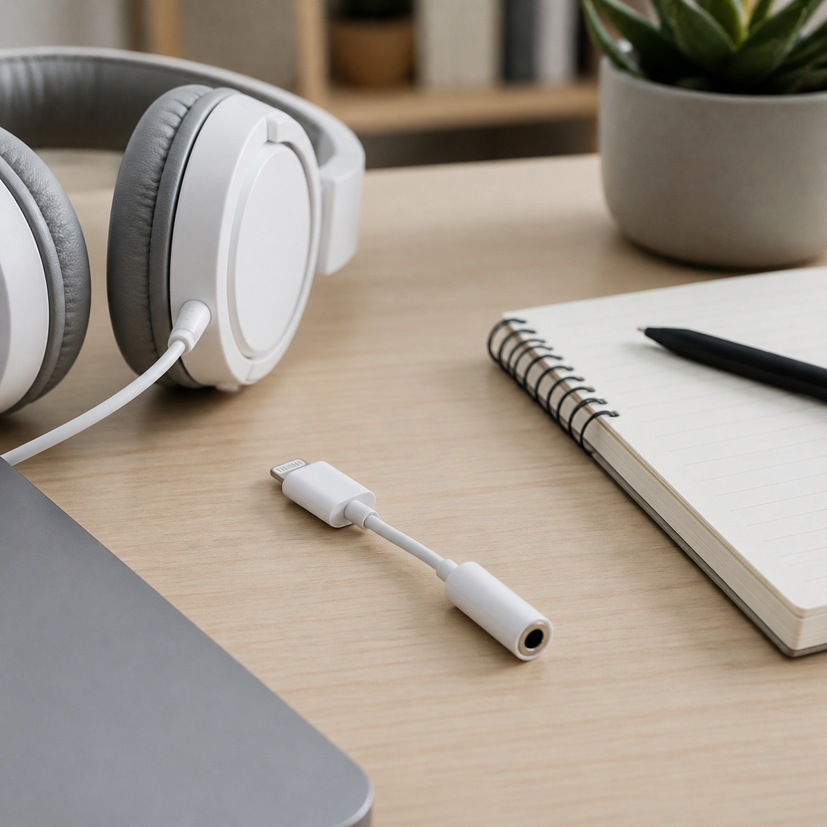 Adaptador de audio junto a audífonos en escritorio