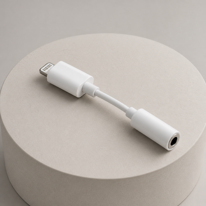 Detalle profesional del adaptador de audio blanco