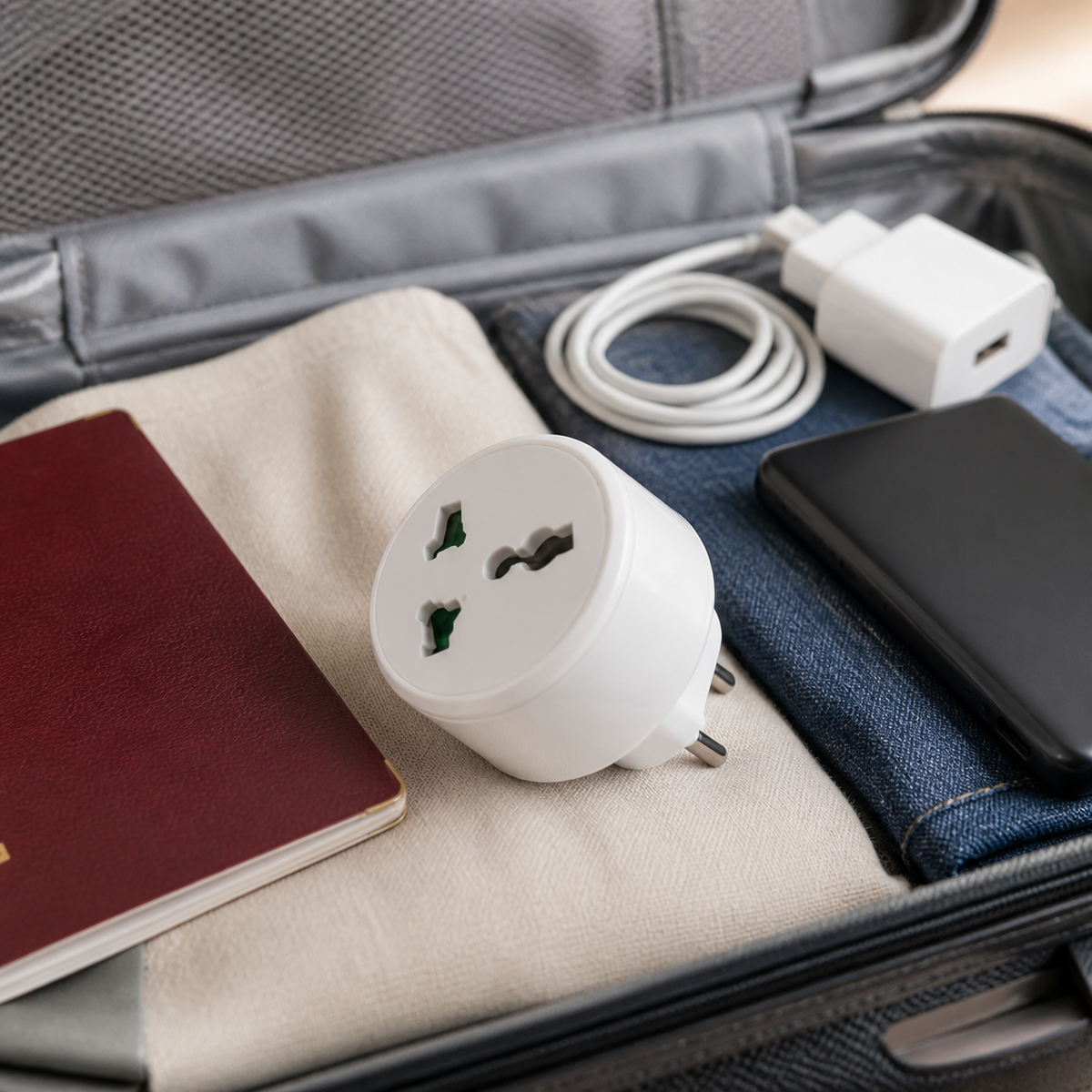 Adaptador de viaje blanco junto a accesorios