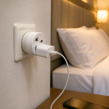 Adaptador universal conectado en habitación de hotel