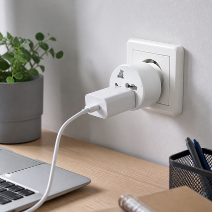 Adaptador de enchufe blanco en oficina