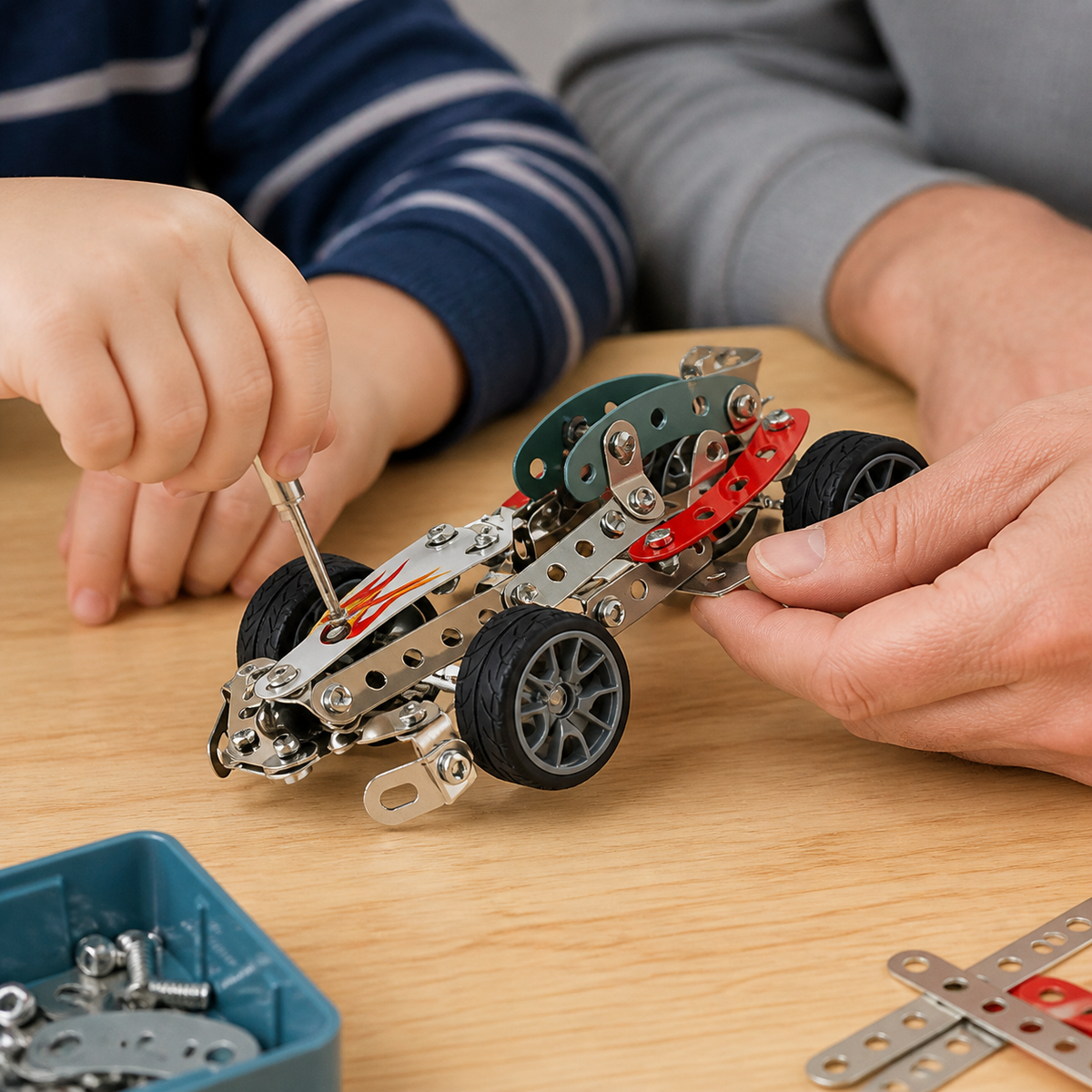 Adulto y niño ajustando auto metálico para armar