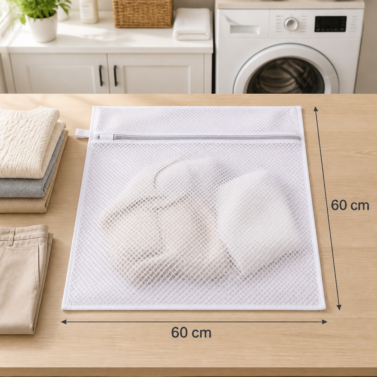 Bolsa de lavado de malla con medidas 60 x 60 cm en lavandería