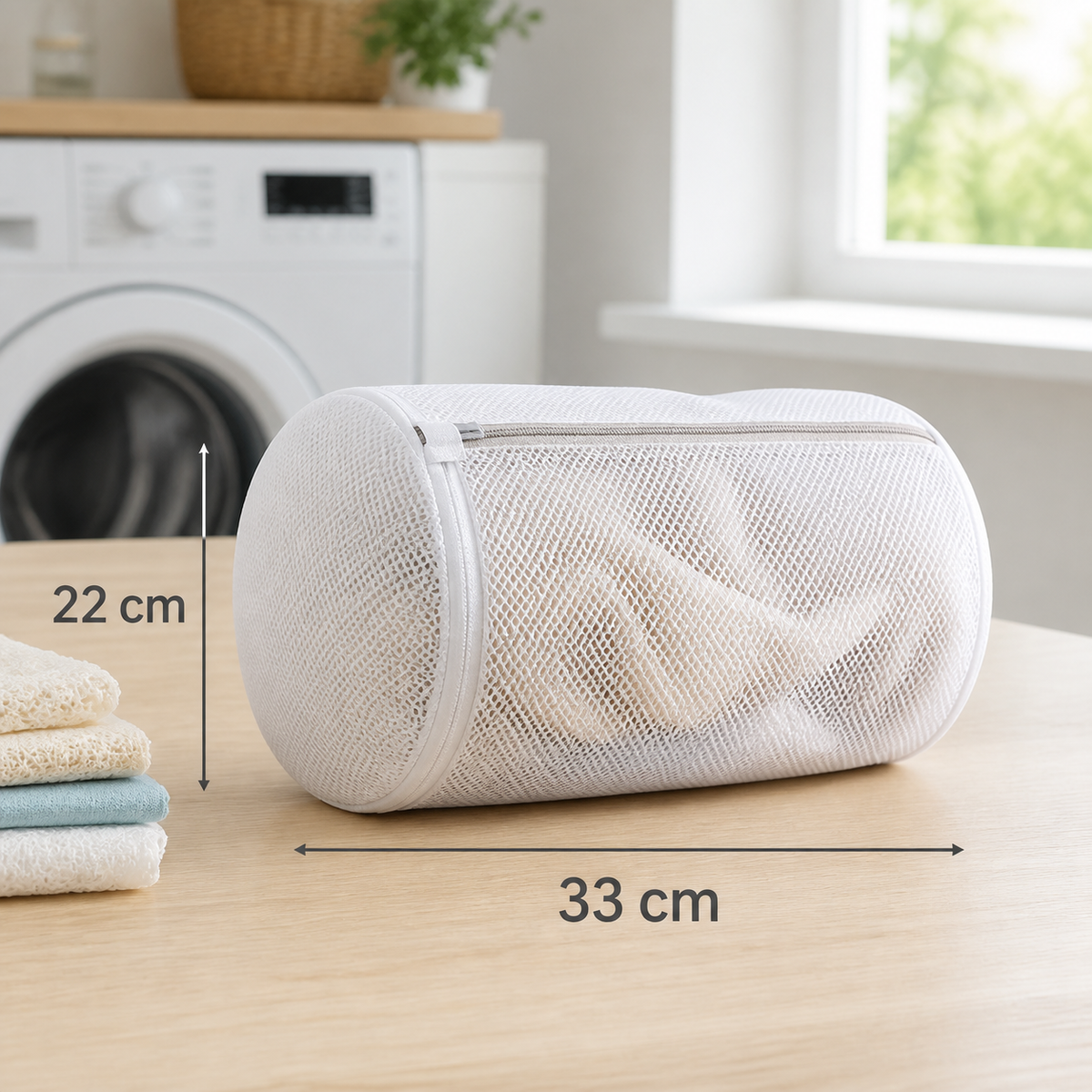 Bolsa de lavado cilíndrica de malla con medidas 22 x 33 cm en lavandería