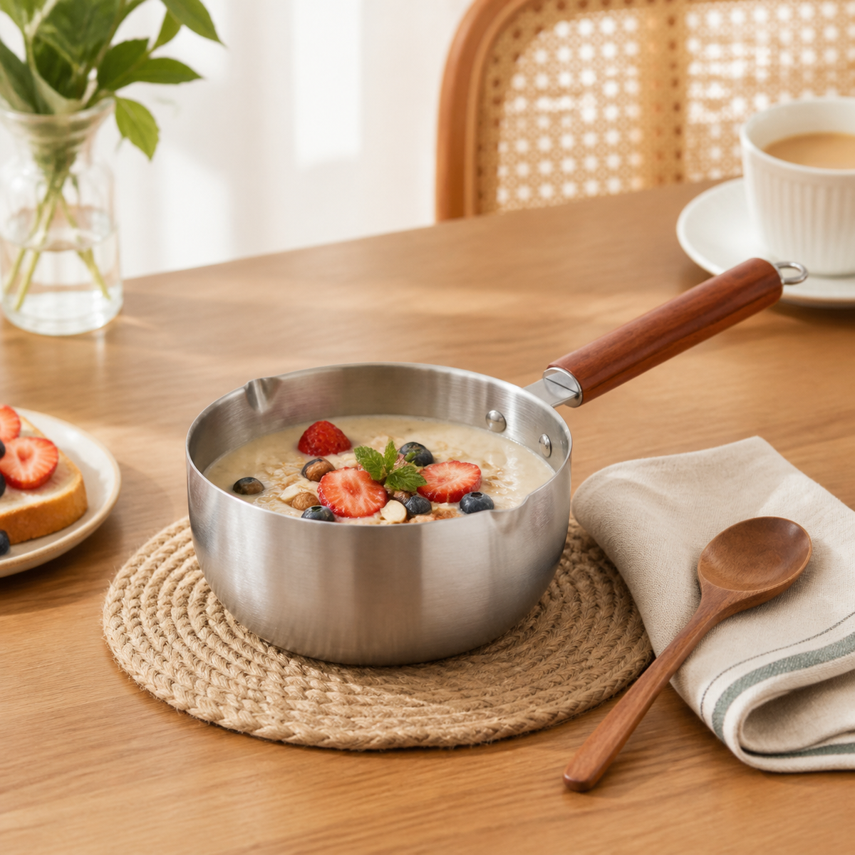 Cacerola con avena servida en mesa