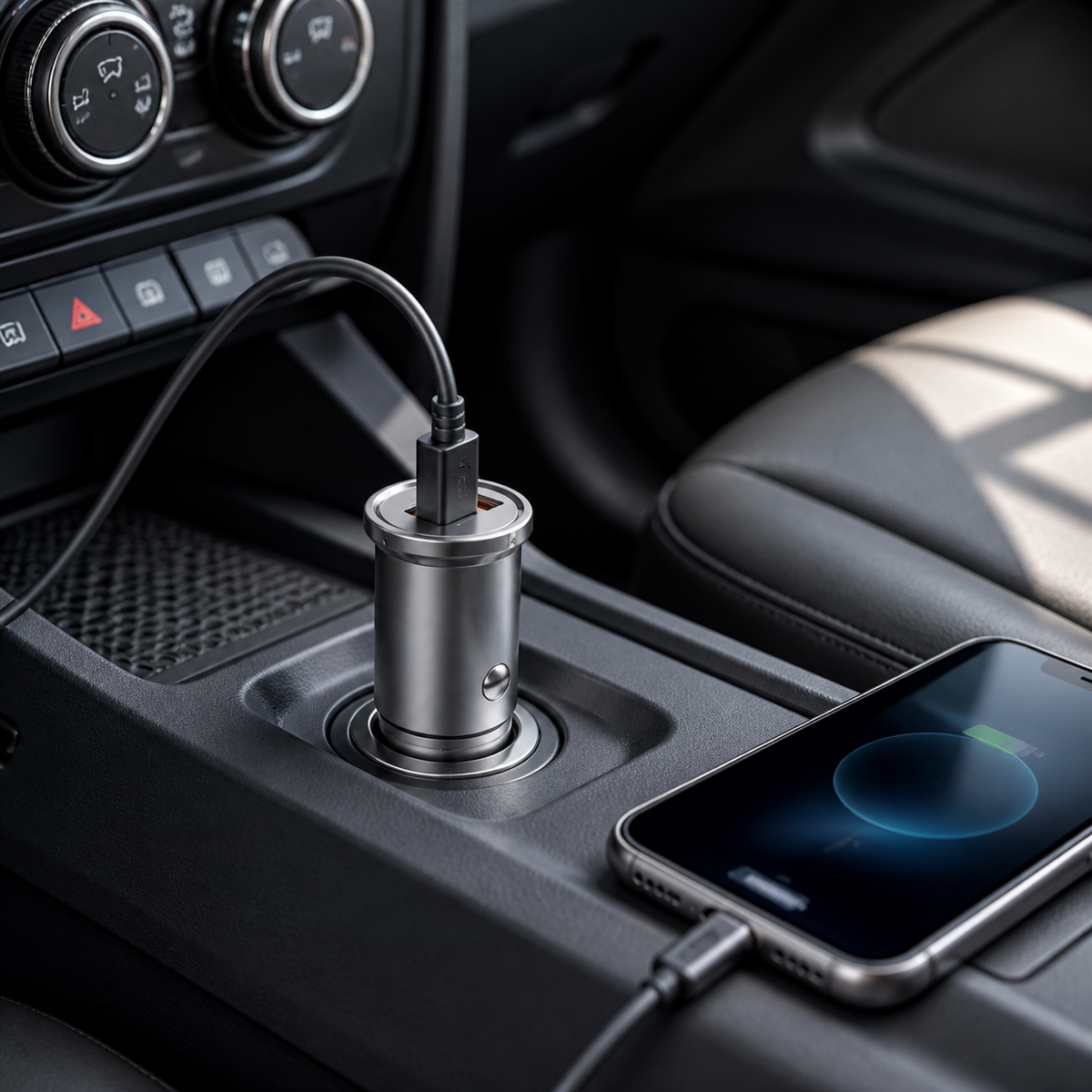 Cargador para automóvil conectado y cargando teléfono