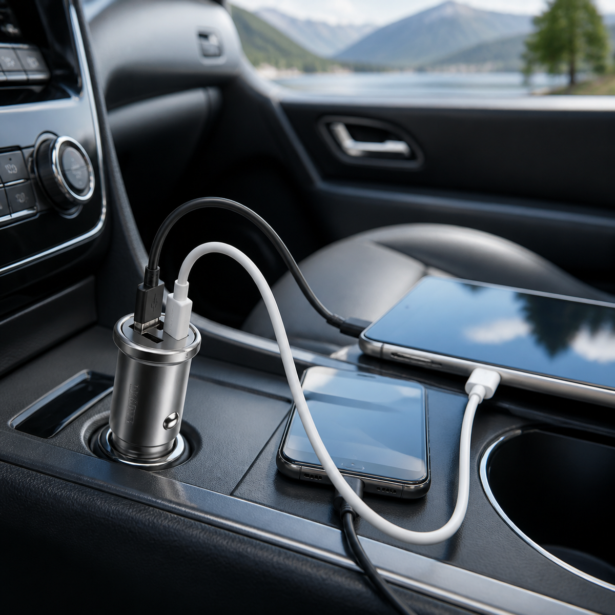 Cargador para auto alimentando dos dispositivos