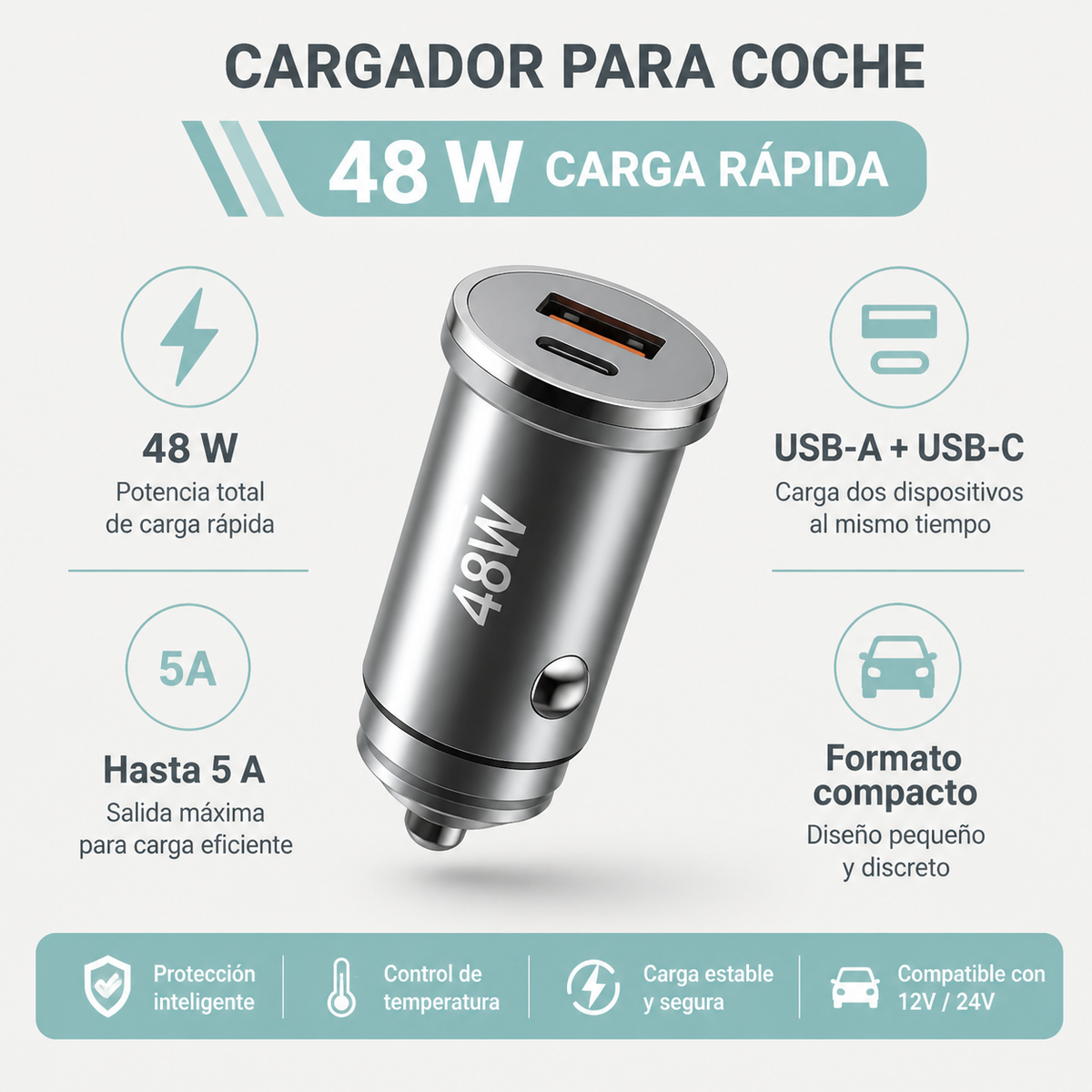 Características del cargador para automóvil de 48 W