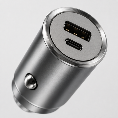 Detalle de puertos USB-A y USB-C del cargador gris