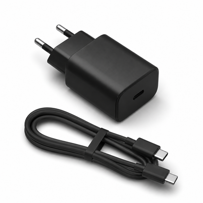 Cargador rápido negro de 30 W con cable USB-C sobre fondo blanco