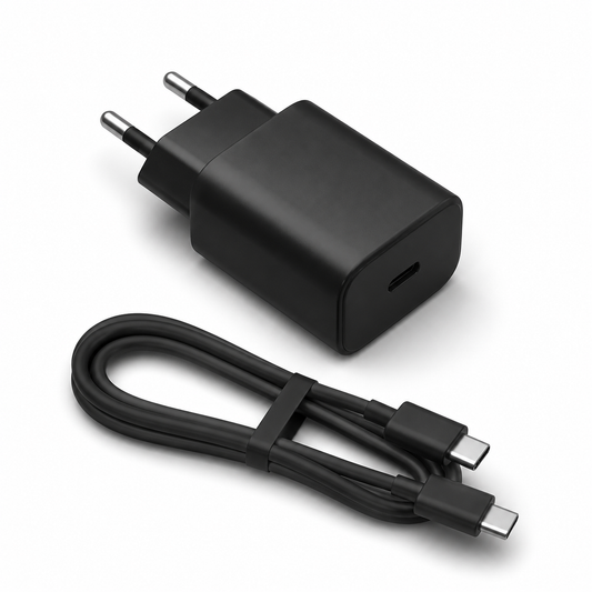 Cargador rápido negro de 30 W con cable USB-C sobre fondo blanco