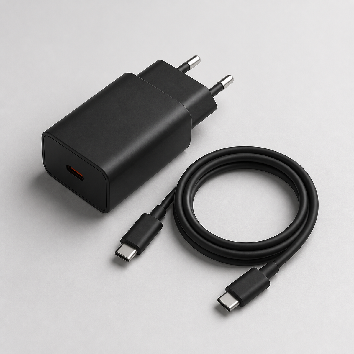 Cargador negro y cable USB-C a USB-C en vista de estudio