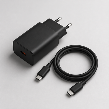 Cargador negro y cable USB-C a USB-C en vista de estudio