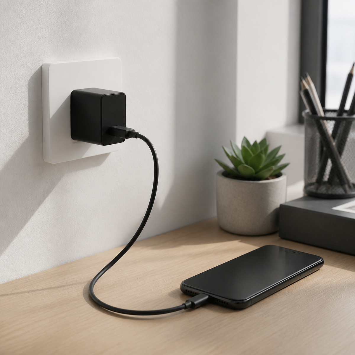 Cargador USB-C negro conectado a teléfono en oficina