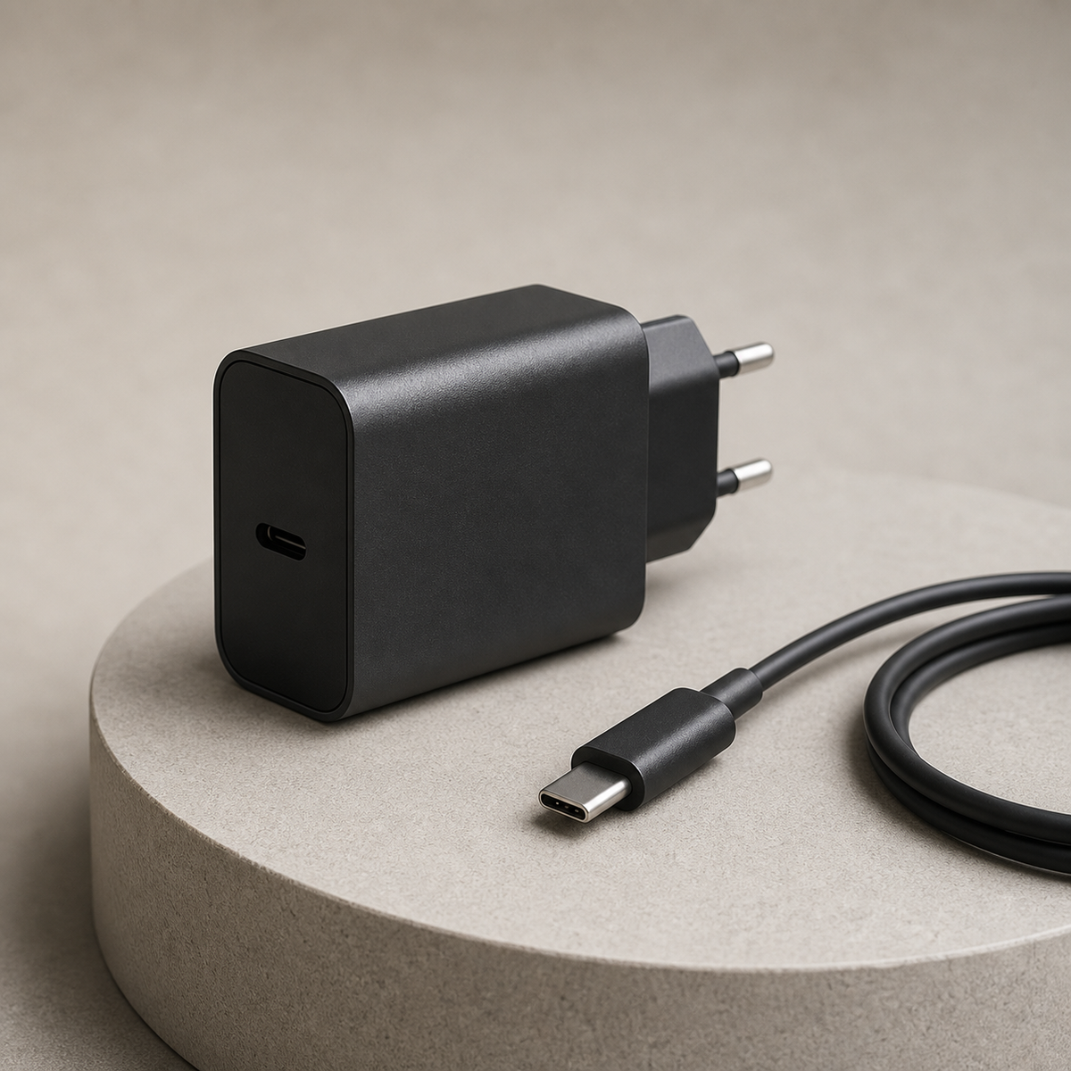 Detalle del cargador negro y conector USB-C