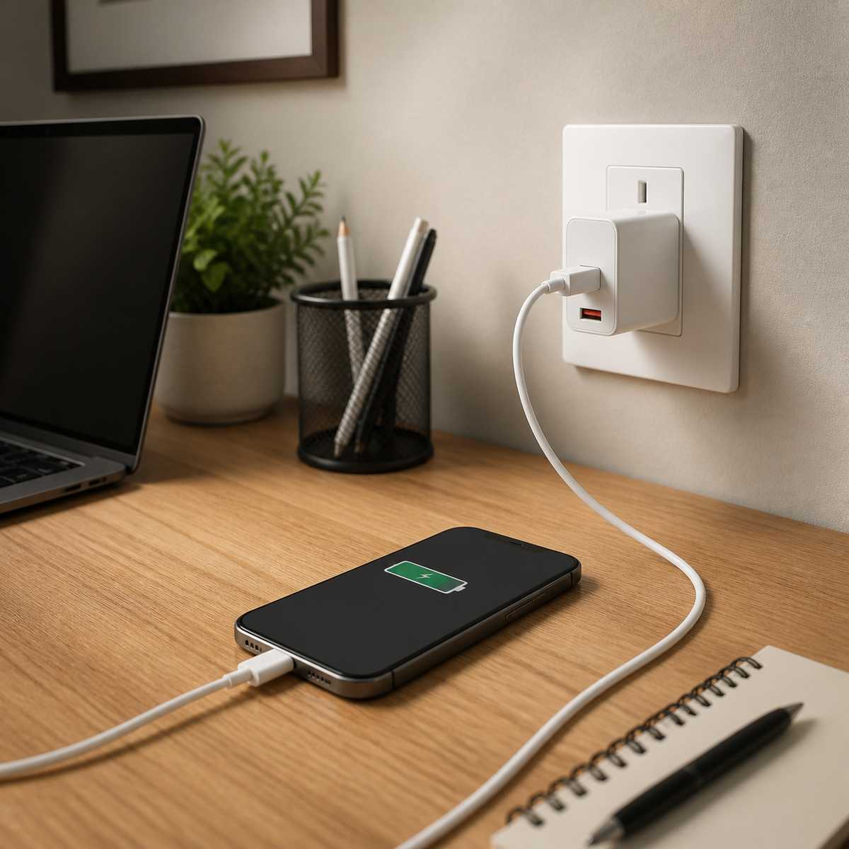 Cargador USB-A blanco cargando teléfono en oficina
