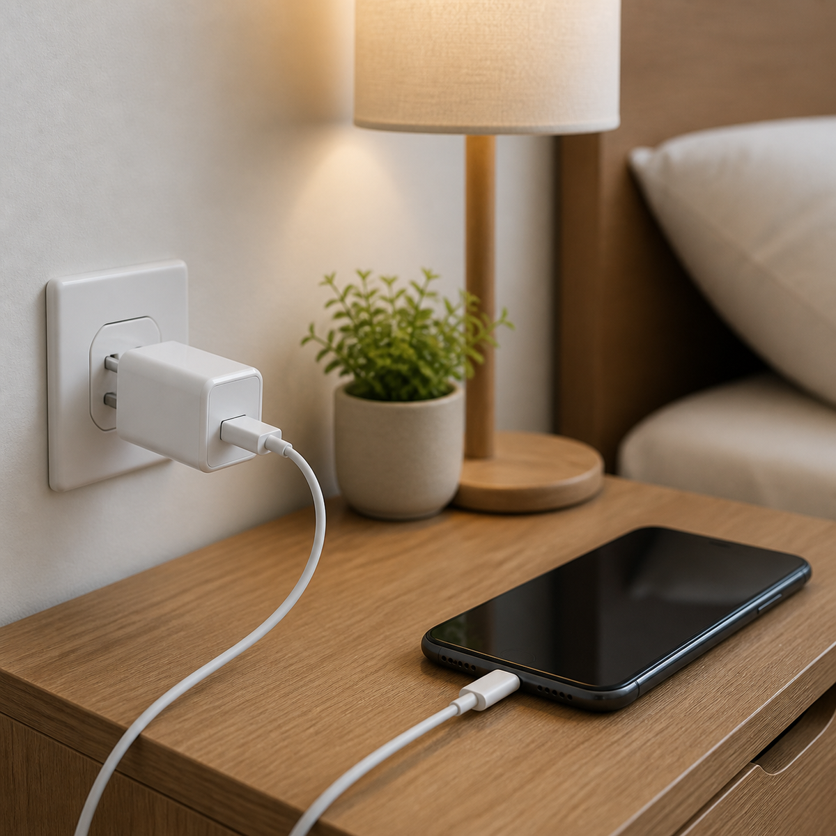 Cargador blanco cargando teléfono en dormitorio