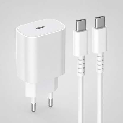 Cargador USB-C blanco y cable en vista de estudio
