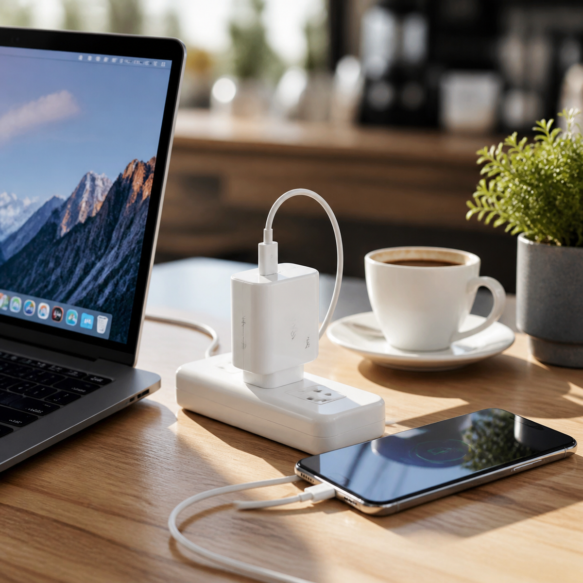 Cargador USB-C blanco en contexto de cafetería