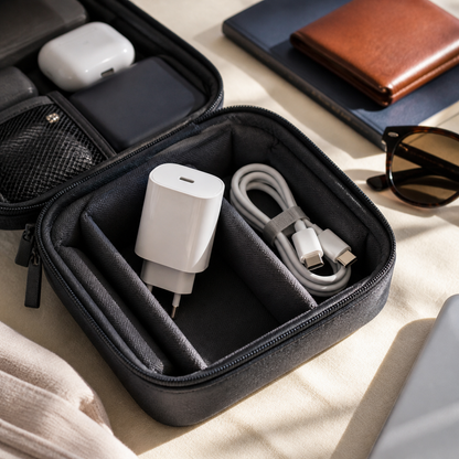 Cargador blanco y cable en organizador de viaje