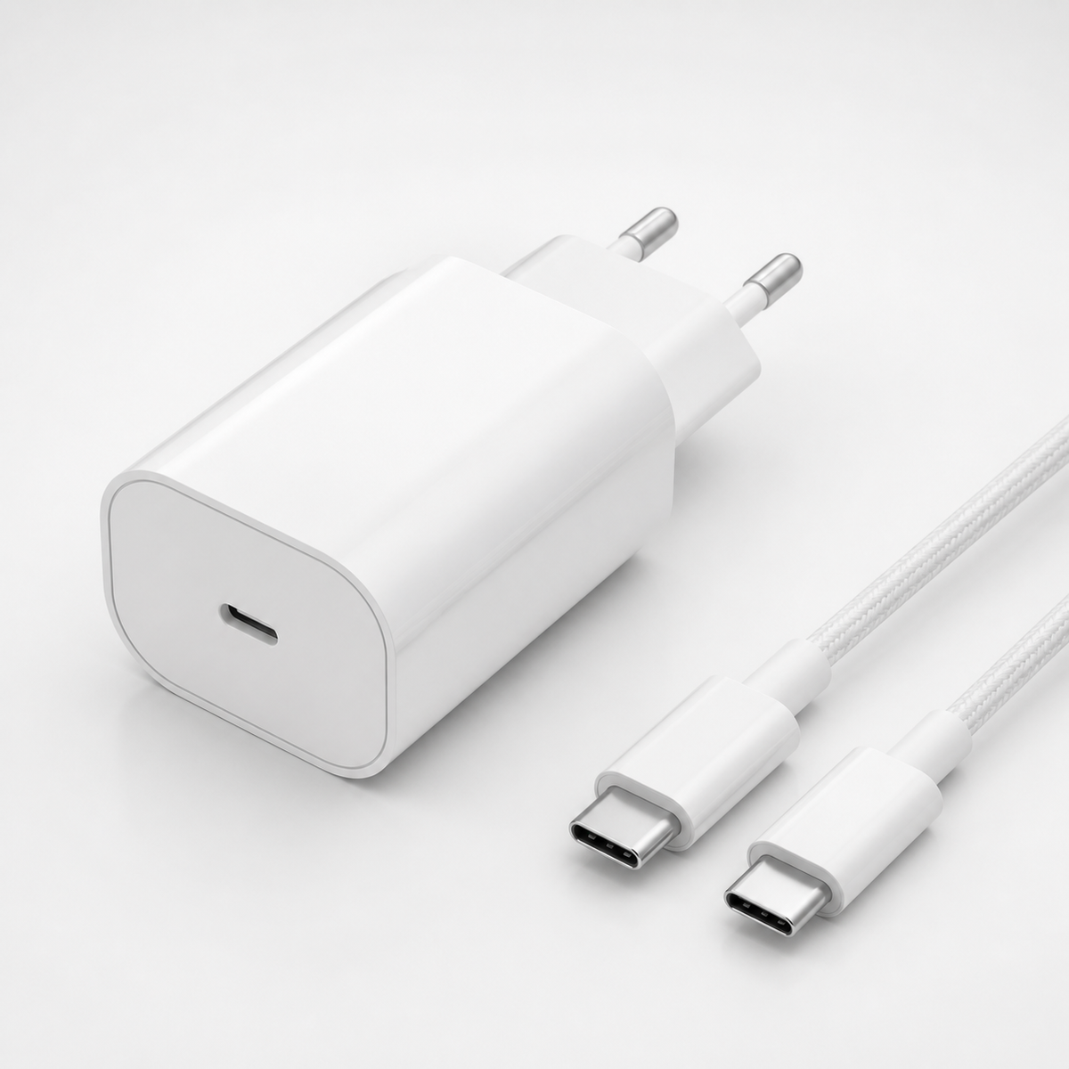 Detalle del cargador blanco y conectores USB-C