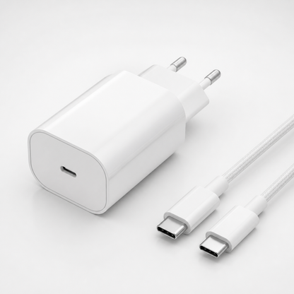 Detalle del cargador blanco y conectores USB-C