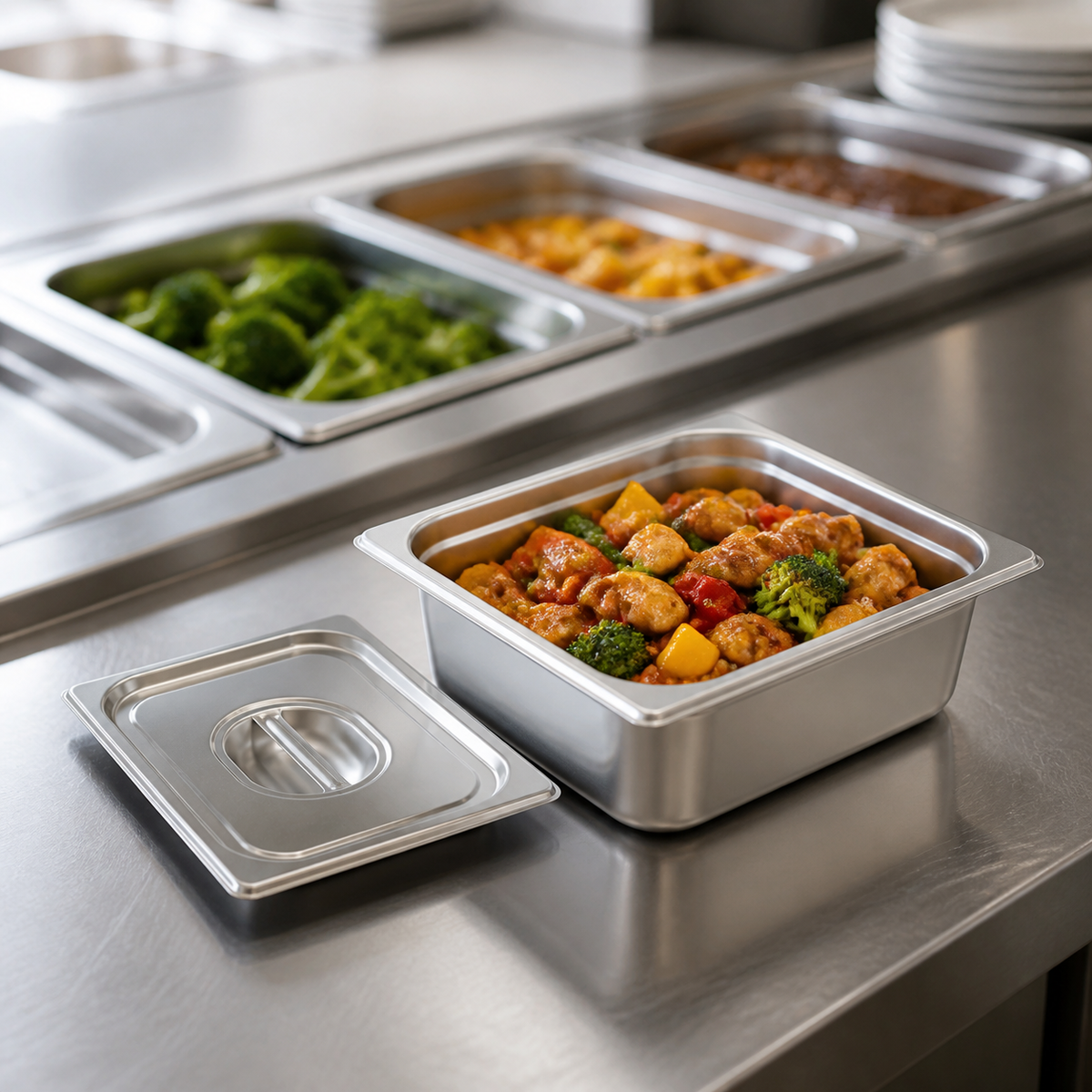 Contenedor de acero inoxidable con alimentos preparados