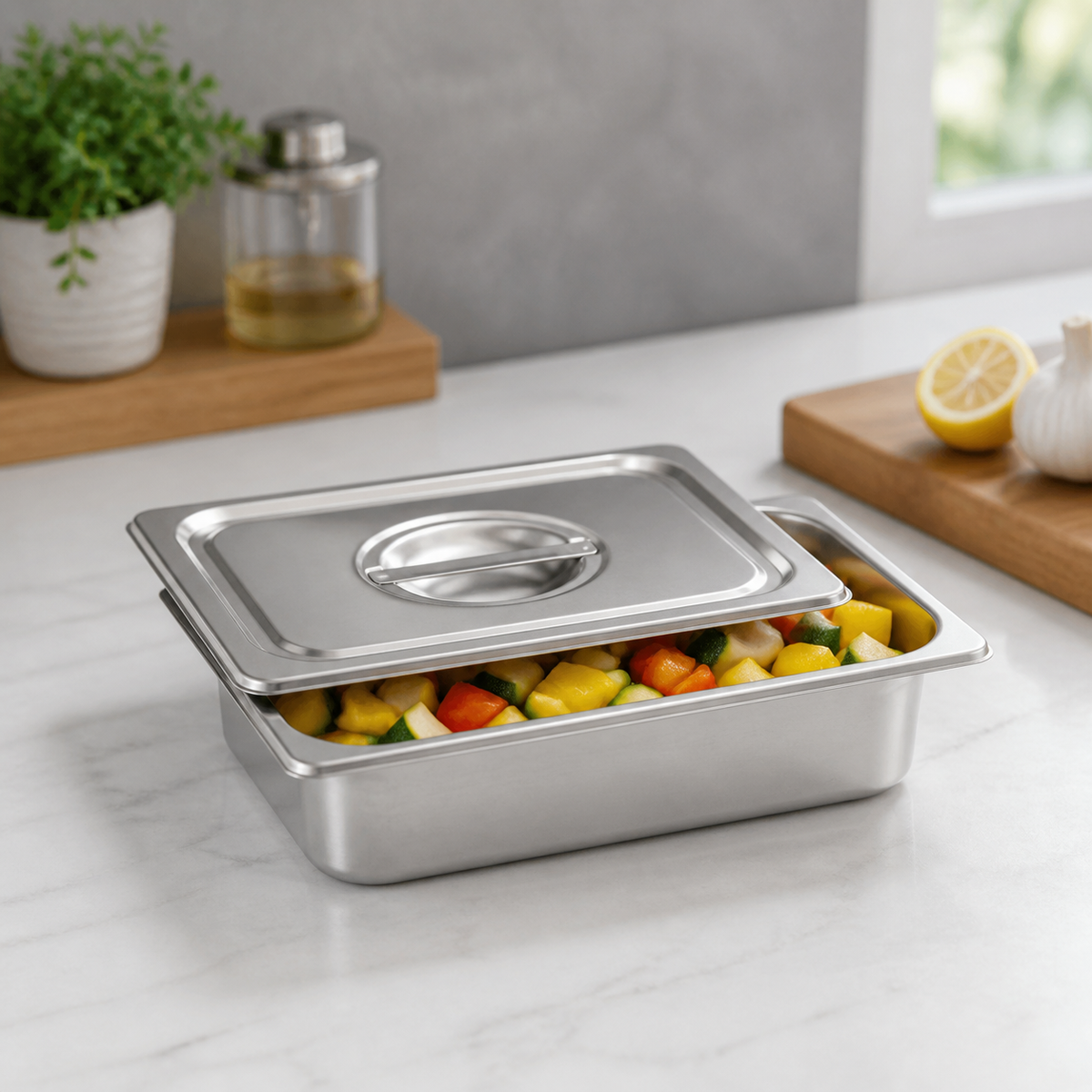 Recipiente con tapa para preparación de alimentos
