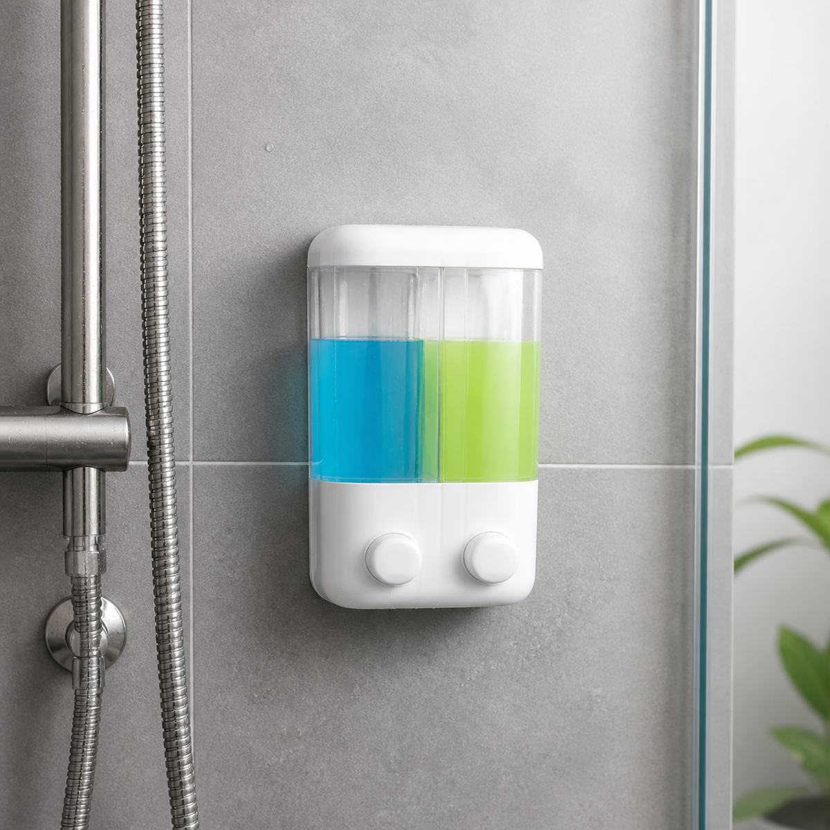 Dispensador doble de jabón instalado en ducha