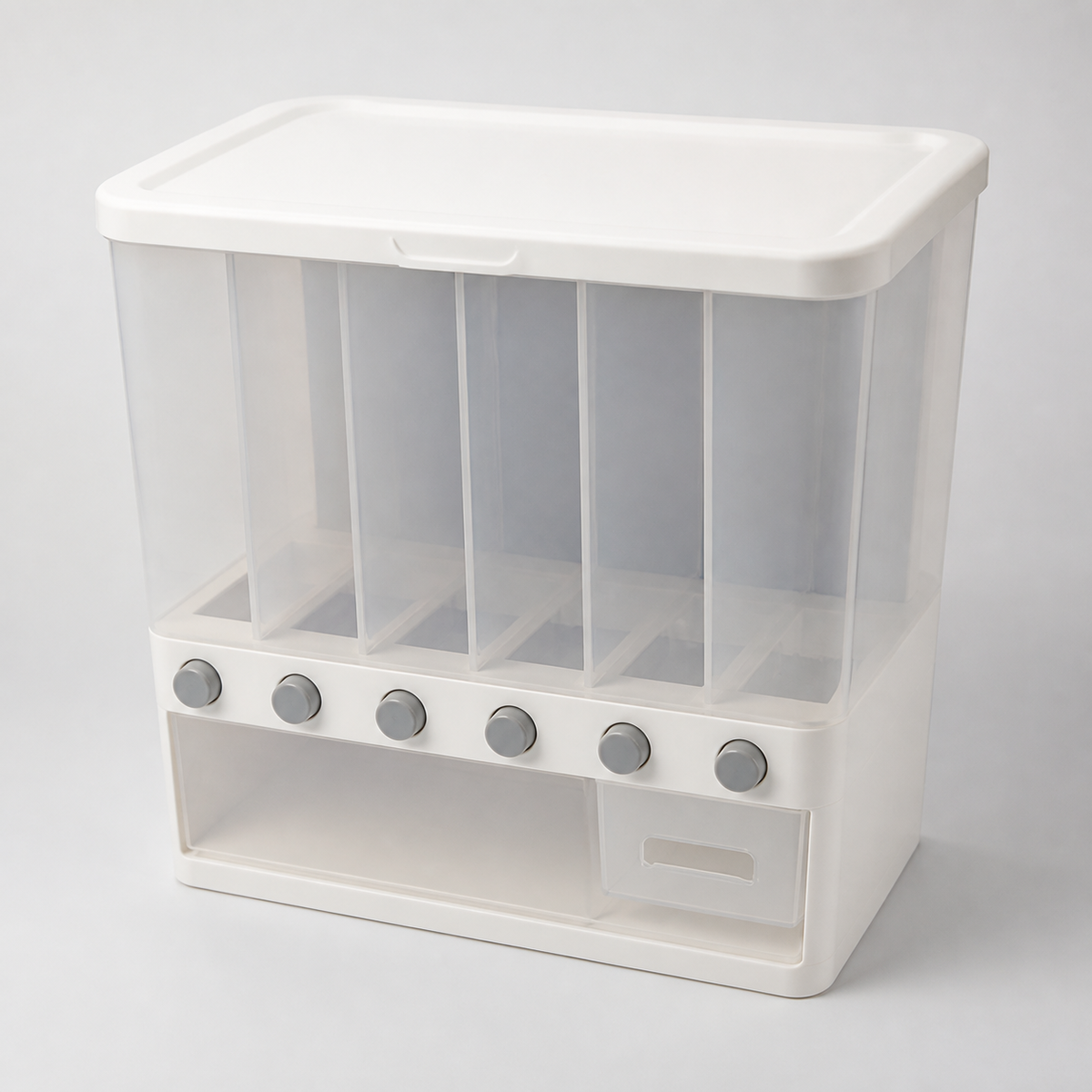 Dispensador de alimentos secos con compartimentos fondo blanco