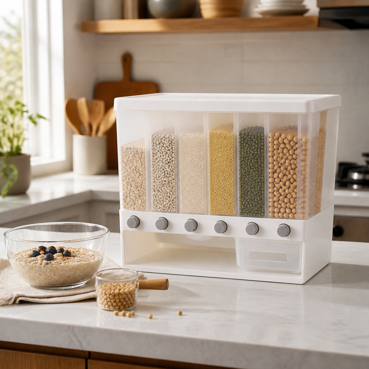 Dispensador de alimentos secos en despensa organizada