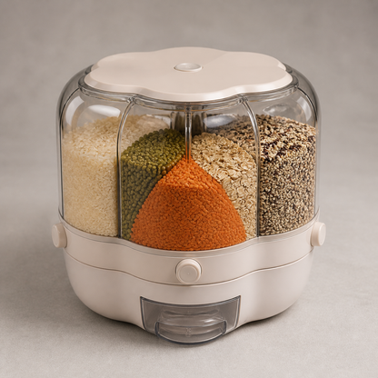 Dispensador giratorio floral de alimentos secos fondo blanco