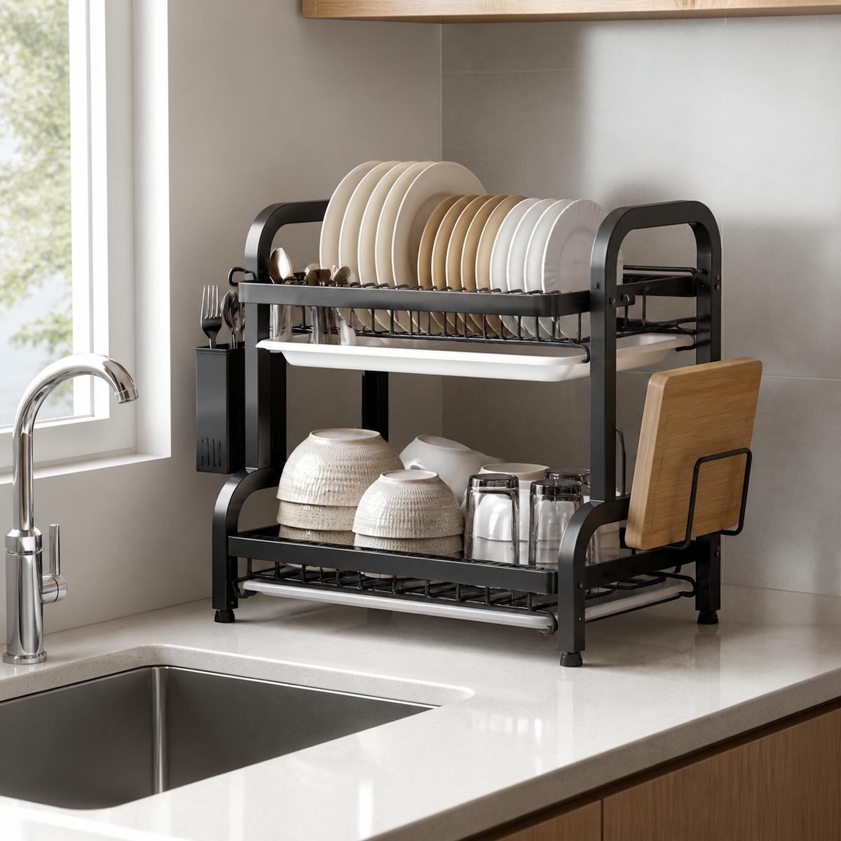 Escurridor compacto negro en cocina pequeña