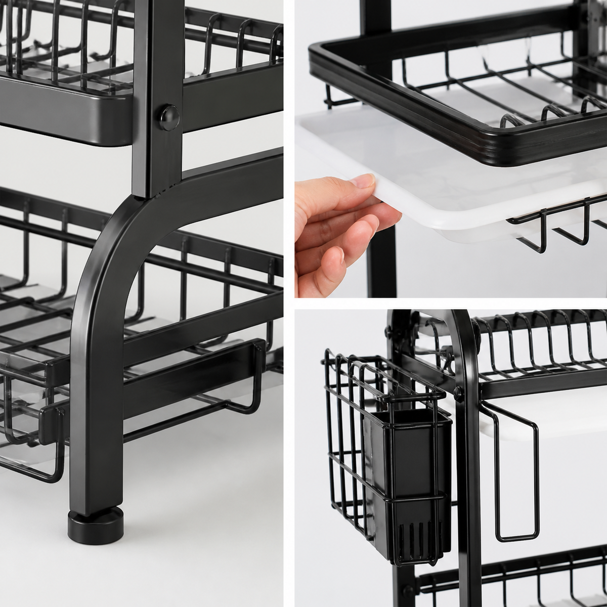 Detalles del escurridor negro y sus accesorios