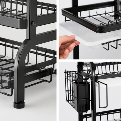 Detalles del escurridor negro y sus accesorios