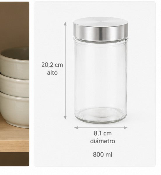 Frasco de Vidrio 800 ml con Tapa Metálica - medidas