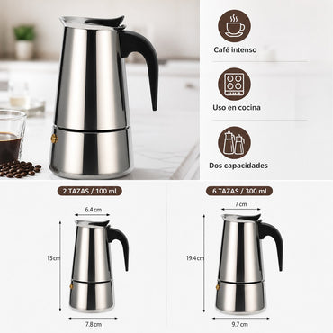 Cafetera italiana Import Famys de acero inoxidable con mango negro, disponible en capacidades de 100 ml y 300 ml.
