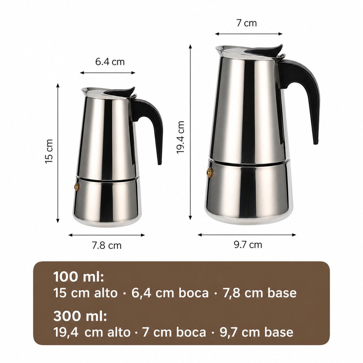 Cafetera italiana Import Famys de acero inoxidable en tamaños de 100 ml y 300 ml con mango negro aislante