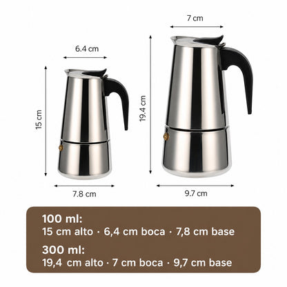 Cafetera italiana Import Famys de acero inoxidable en tamaños de 100 ml y 300 ml con mango negro aislante