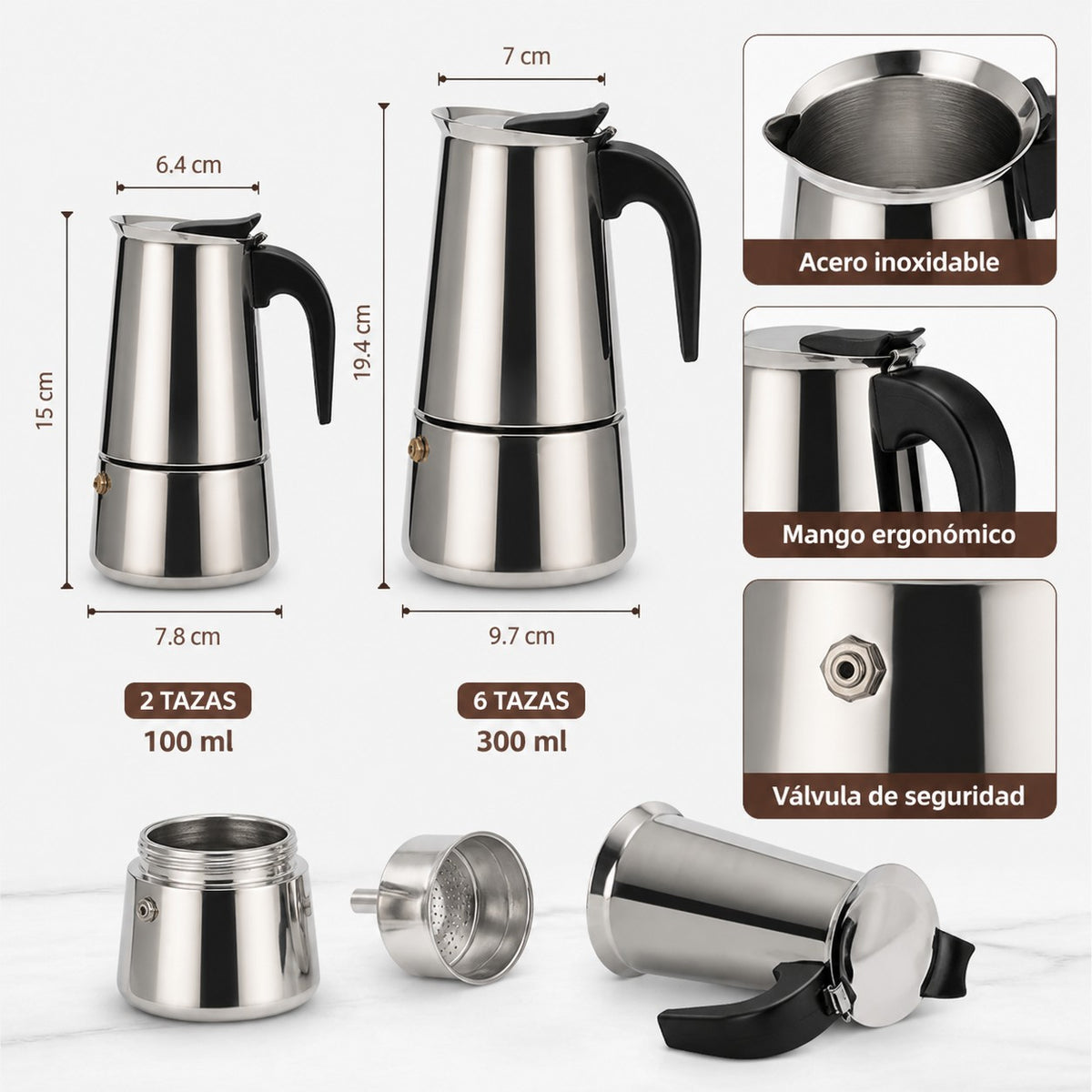 Cafetera italiana Import Famys de acero inoxidable con mango ergonómico negro, disponible en 100 ml y 300 ml.