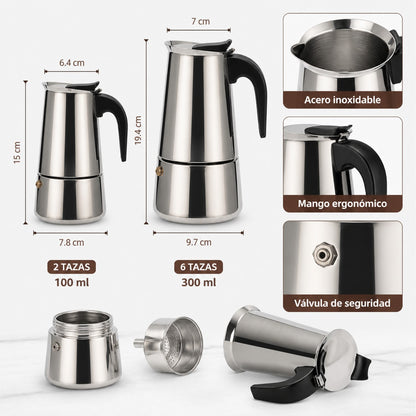 Cafetera italiana Import Famys de acero inoxidable con mango ergonómico negro, disponible en 100 ml y 300 ml.