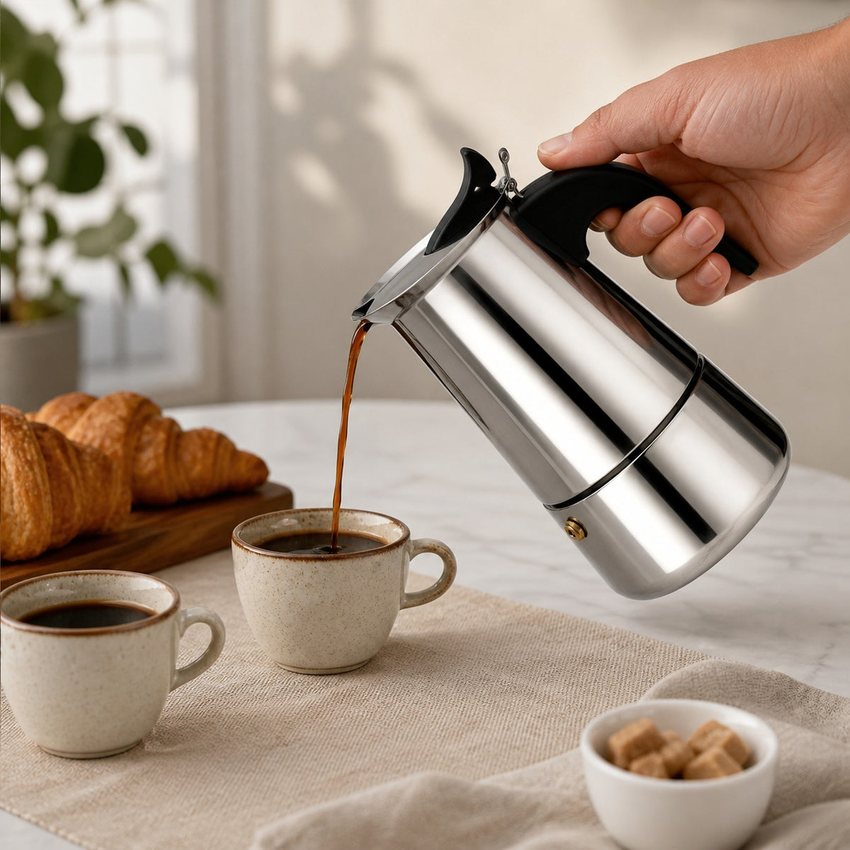 Cafetera italiana Import Famys de acero inoxidable sirviendo café en tazas sobre una mesa con croissants