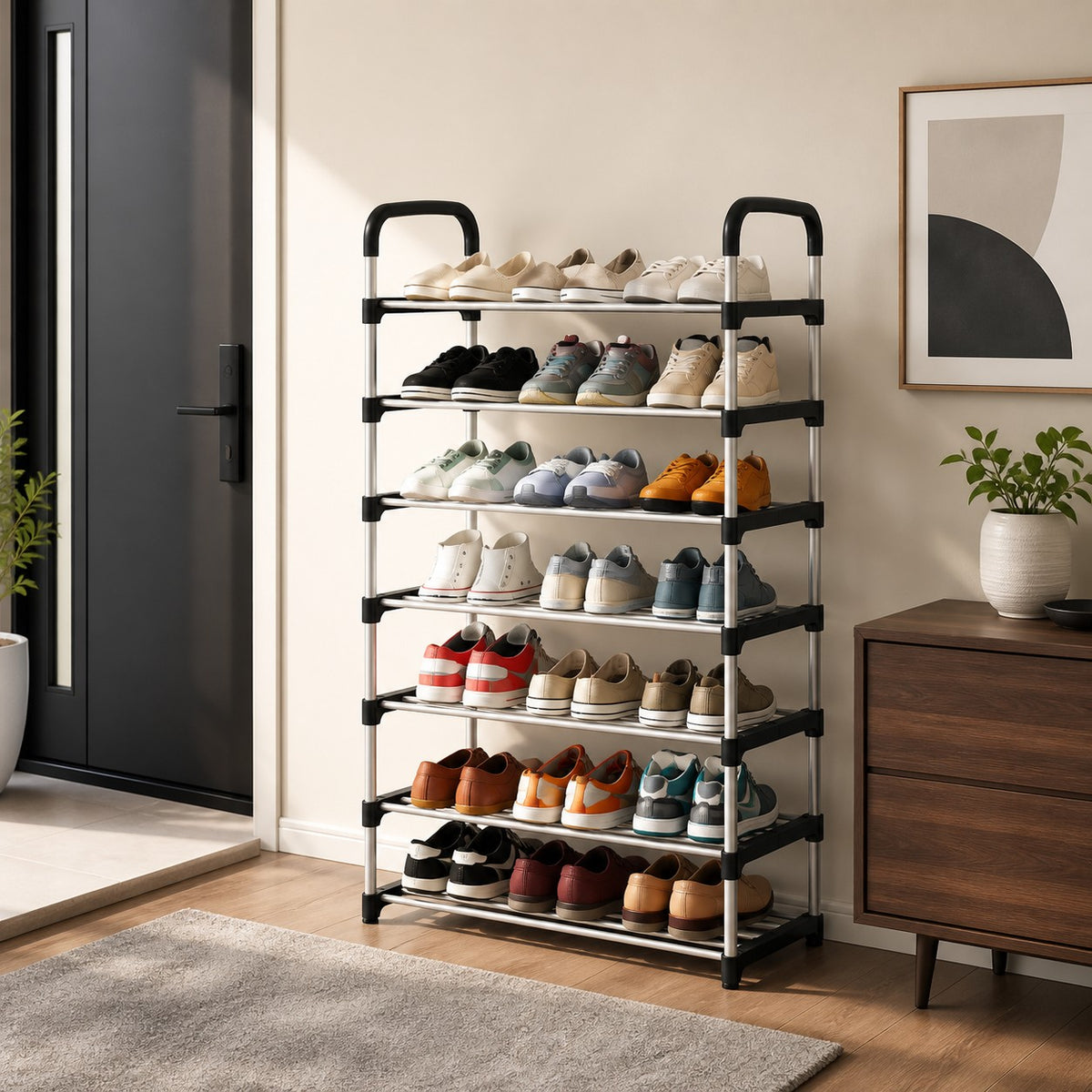 Zapatero organizador Import Famys de 7 niveles con estructura tubular negra y plateada en un recibidor moderno.