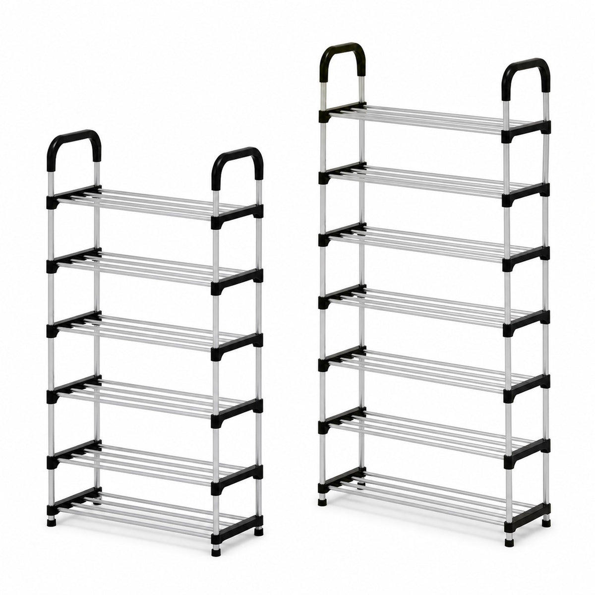 Zapatero organizador Import Famys de 6 y 7 niveles con estructura tubular metálica en color negro y plateado
