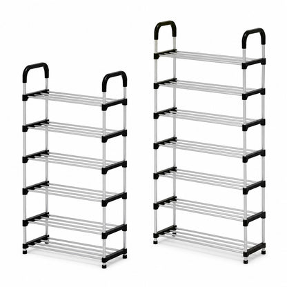 Zapatero organizador Import Famys de 6 y 7 niveles con estructura tubular metálica en color negro y plateado