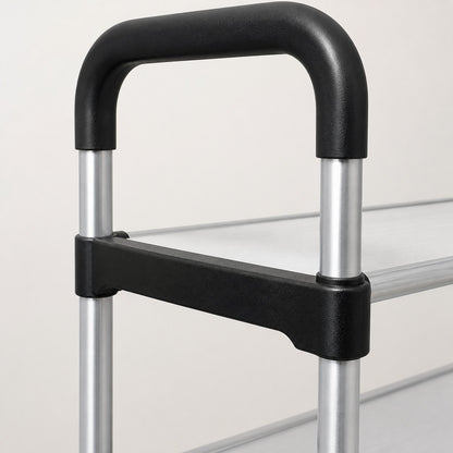 Detalle de la estructura tubular plateada y conectores negros del zapatero organizador Import Famys con asa superior.