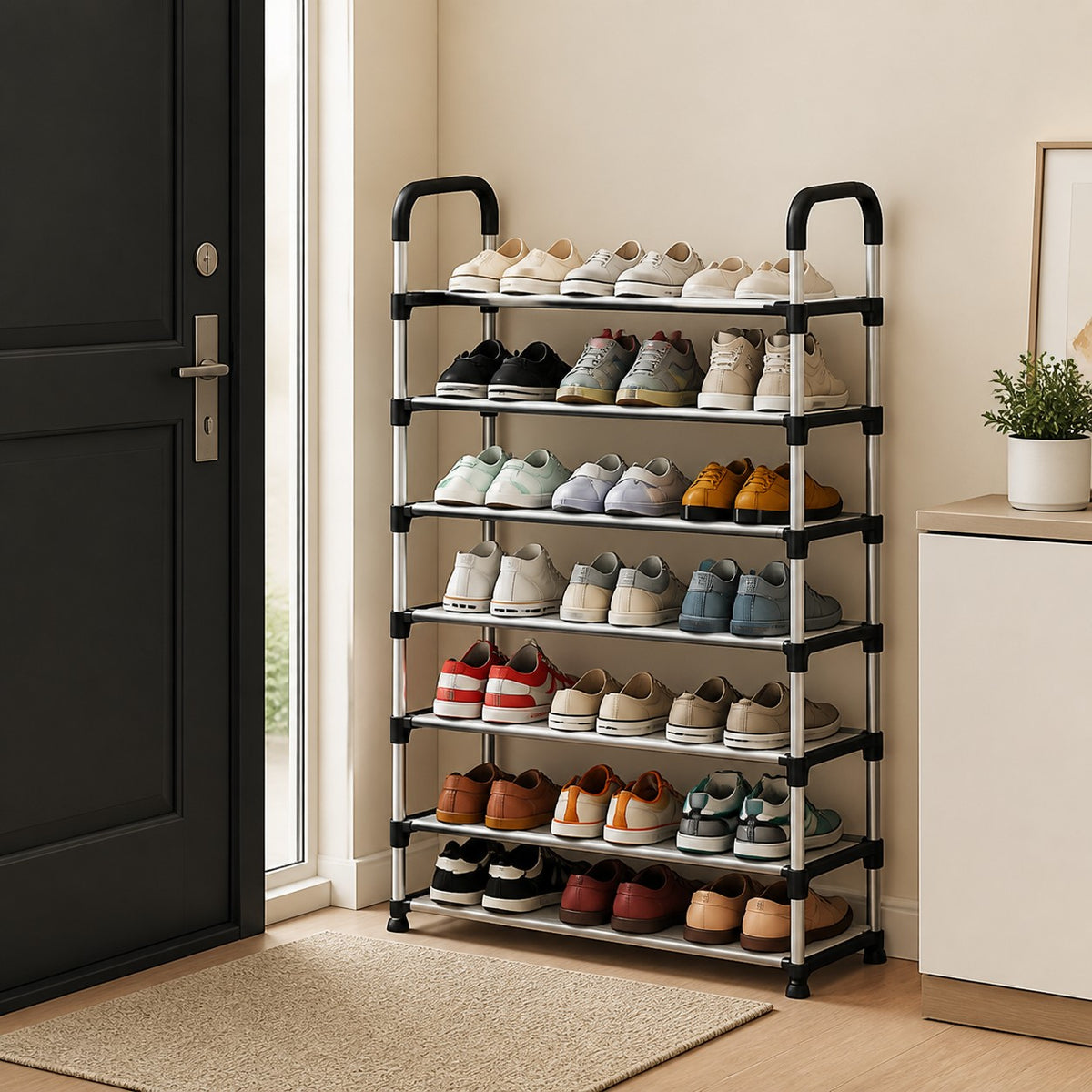 Zapatero organizador Import Famys de 7 niveles con estructura tubular negra y plateada en un recibidor moderno.