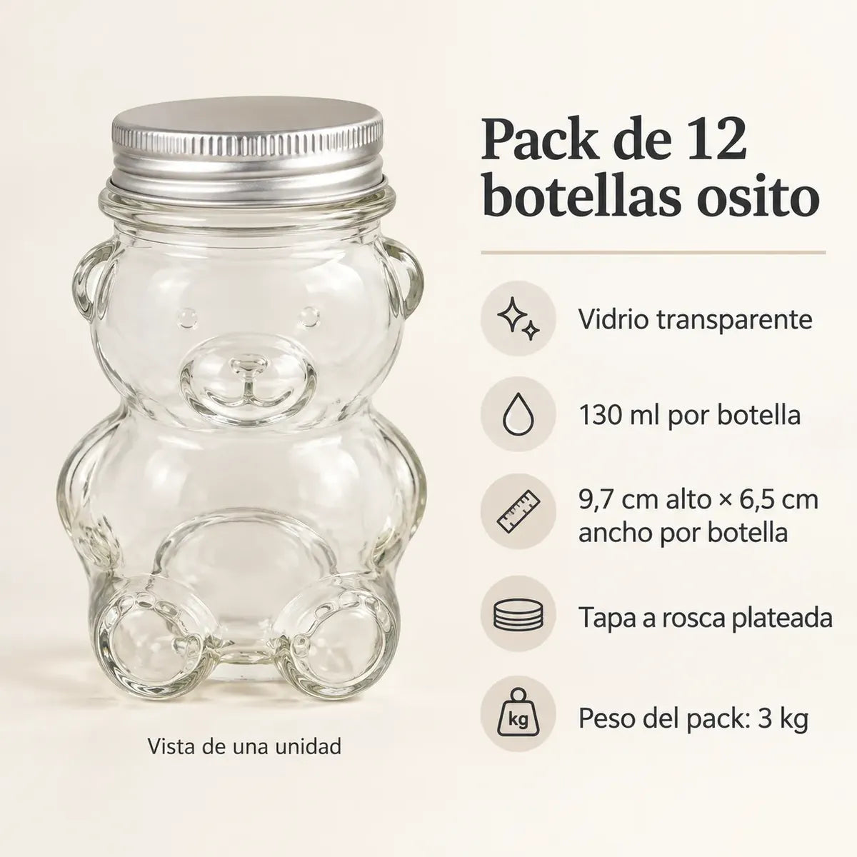 Pack 12 Botella Osito De Vidrio 130 Ml