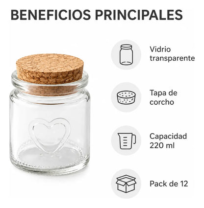 Pack 12 Frascos Vidrio 220 Ml Con Tapa De Corcho
